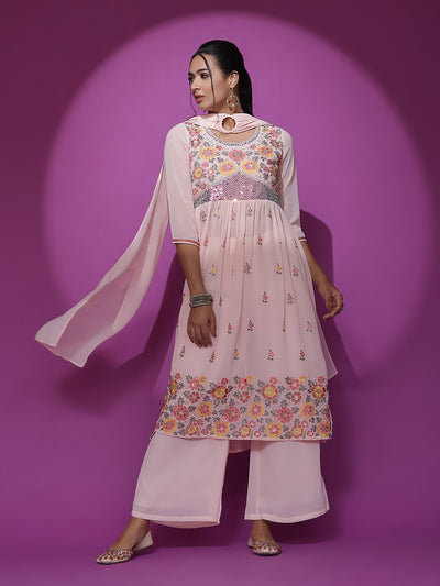 Peach Embroidered Nyra-Cut Kurta Palazzo With Dupatta