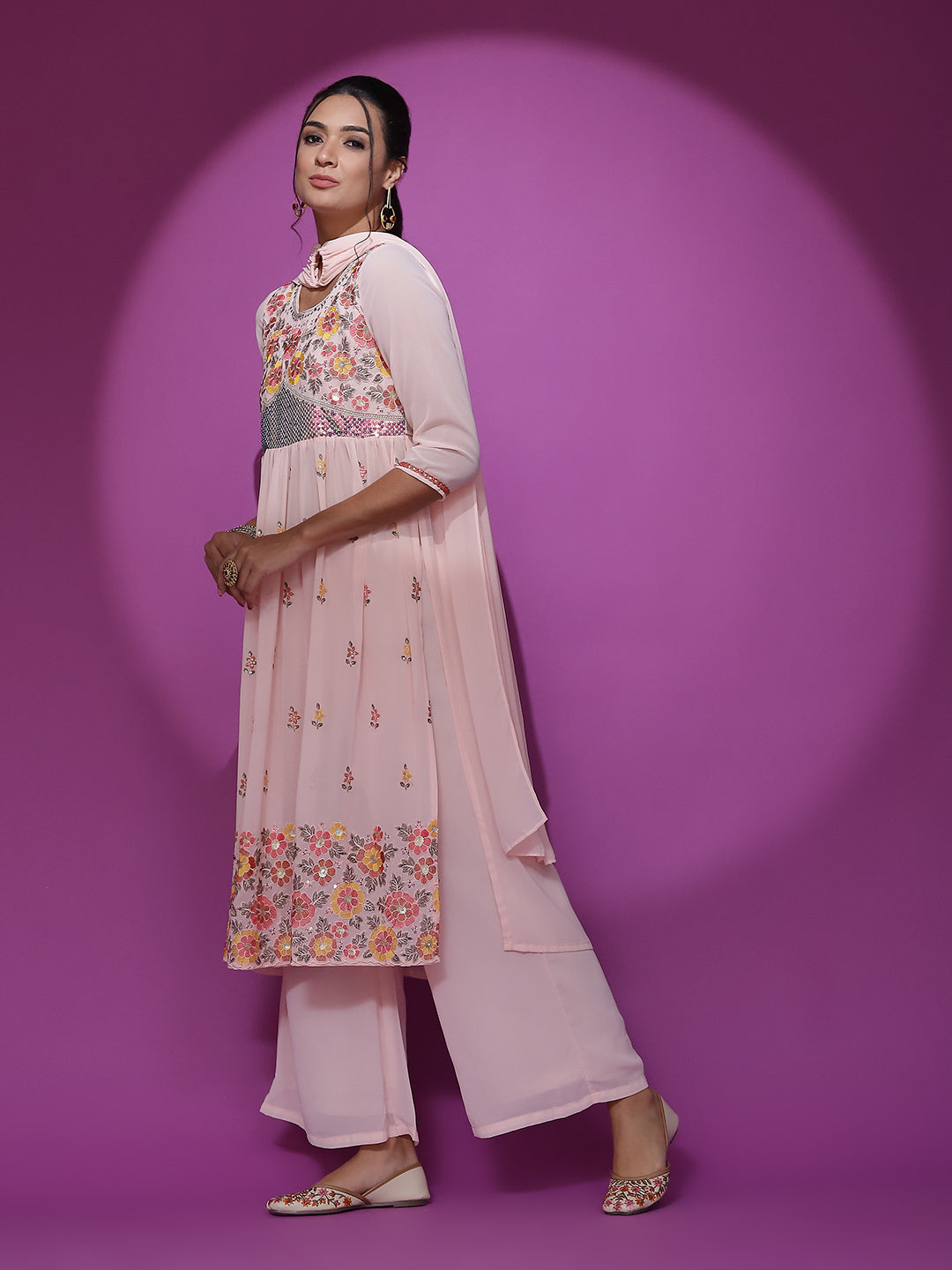 Peach Embroidered Nyra-Cut Kurta Palazzo With Dupatta