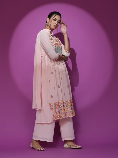 Peach Embroidered Nyra-Cut Kurta Palazzo With Dupatta