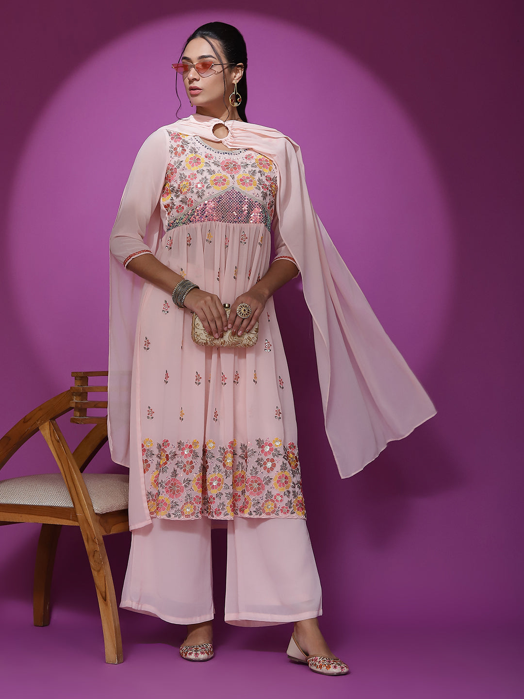 Peach Embroidered Nyra-Cut Kurta Palazzo With Dupatta