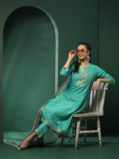 Turquoise Blue Jacquard Kurta Pant With Dupatta