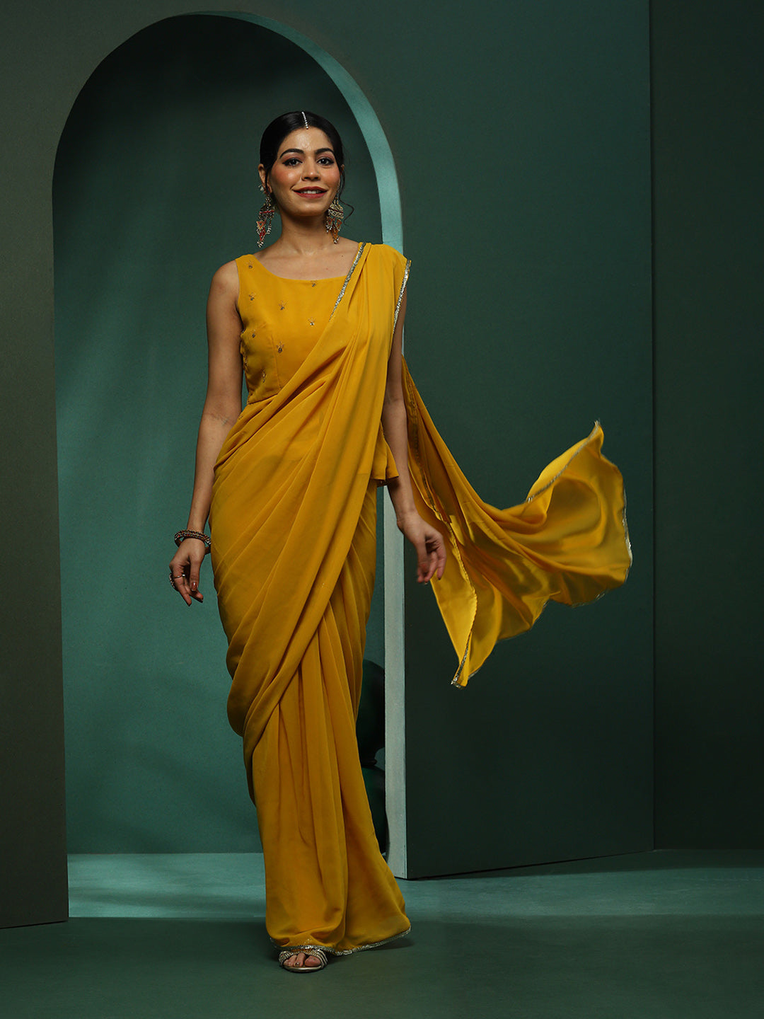 Yellow Saree With Embroidered Blouse