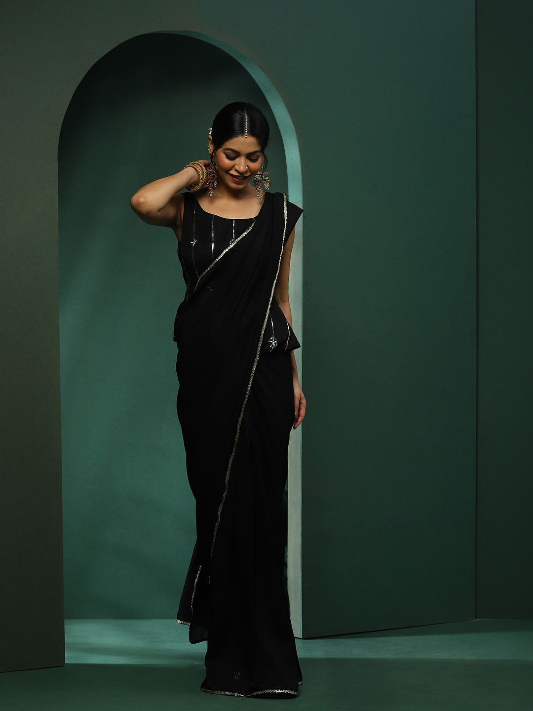 Black Saree With Embroidered Blouse