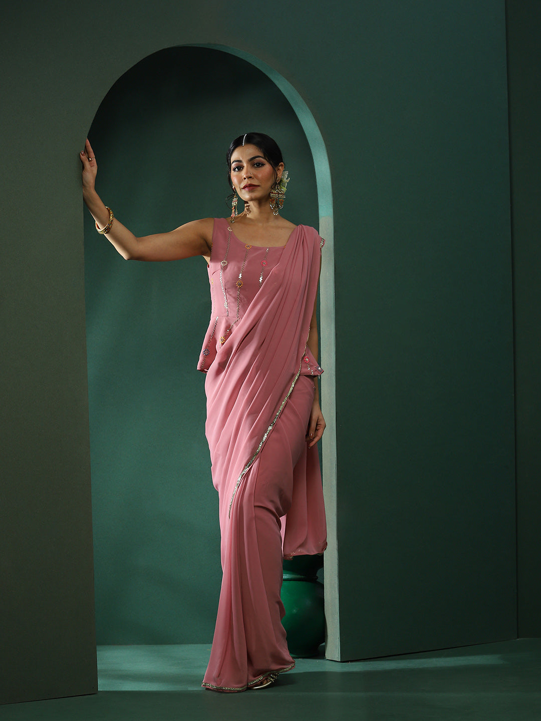 Pink Saree With Embroidered Blouse