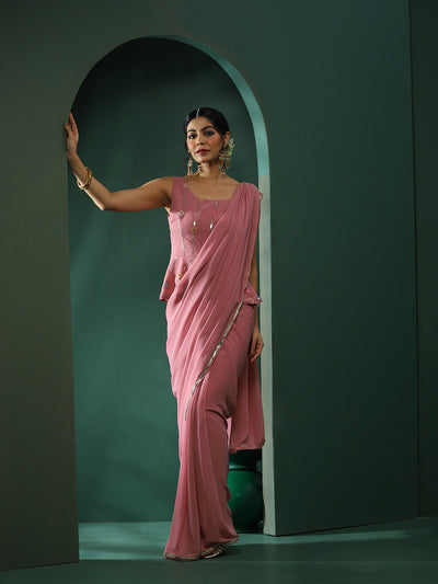 Pink Saree With Embroidered Blouse