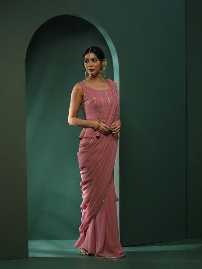 Pink Saree With Embroidered Blouse