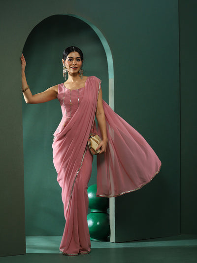 Pink Saree With Embroidered Blouse