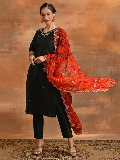 Black Embroidered Kurta Pant With Dupatta