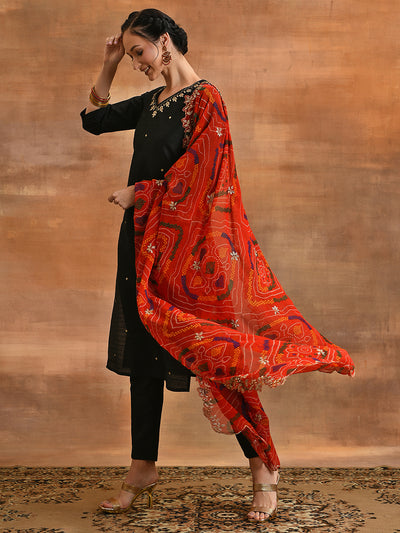 Black Embroidered Kurta Pant With Dupatta