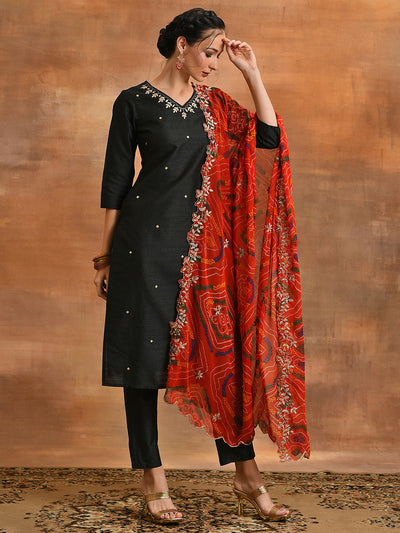 Black Embroidered Kurta Pant With Dupatta