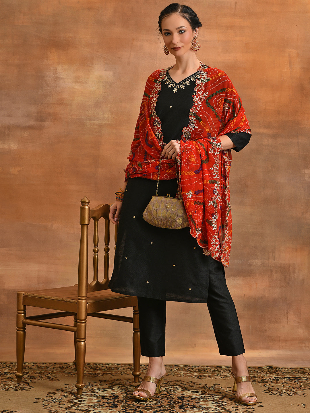 Black Embroidered Kurta Pant With Dupatta