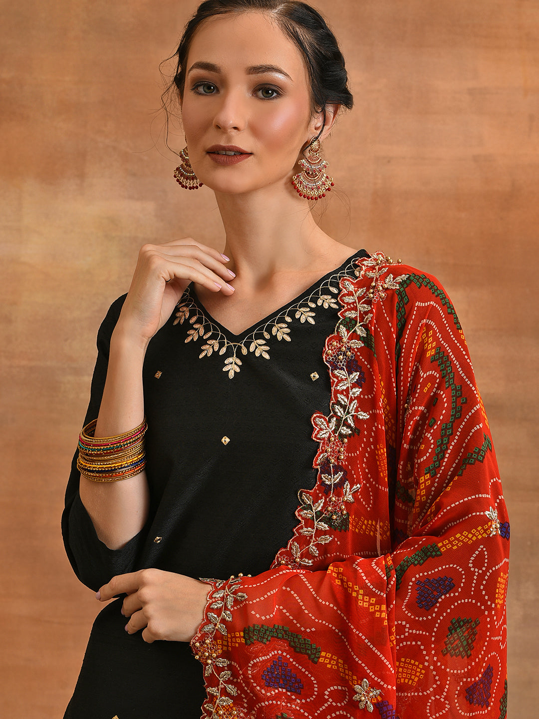 Black Embroidered Kurta Pant With Dupatta