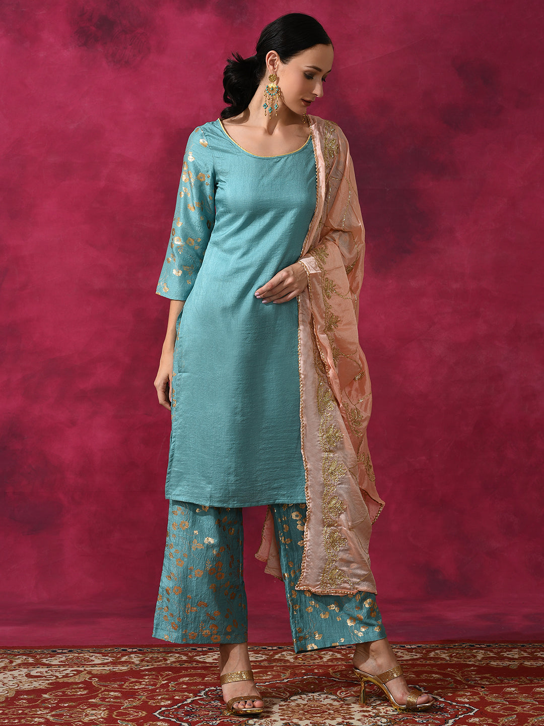 Pastel Blue Foil Print Kurta Palazzo With Dupatta