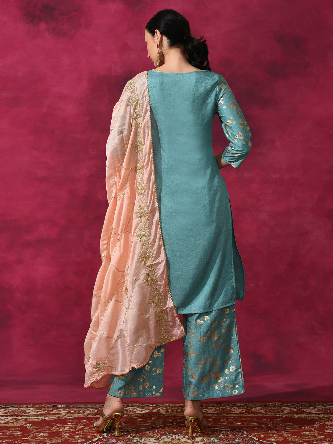 Pastel Blue Foil Print Kurta Palazzo With Dupatta