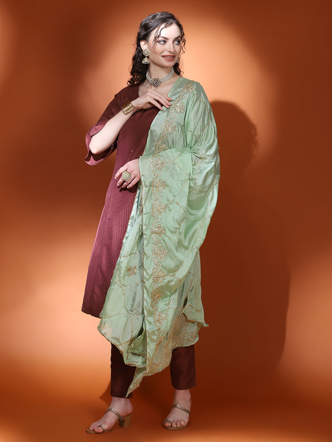 Brown Sequin A-Line Kurta Pant With Dupatta