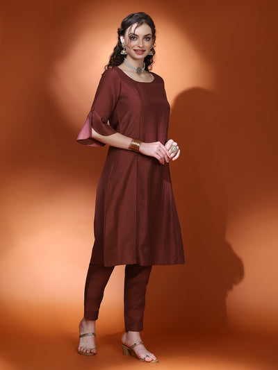 Brown Sequin A-Line Kurta Pant With Dupatta