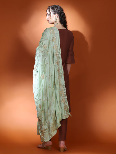 Brown Sequin A-Line Kurta Pant With Dupatta