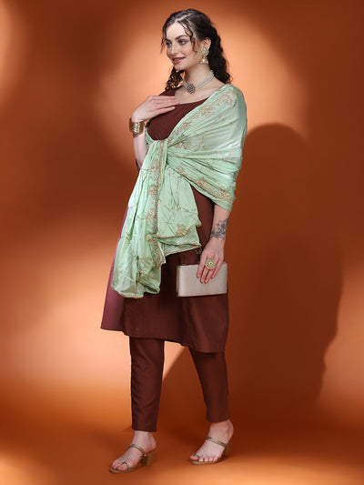 Brown Sequin A-Line Kurta Pant With Dupatta