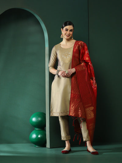 Beige Kurta Pant With Banarsi Dupatta