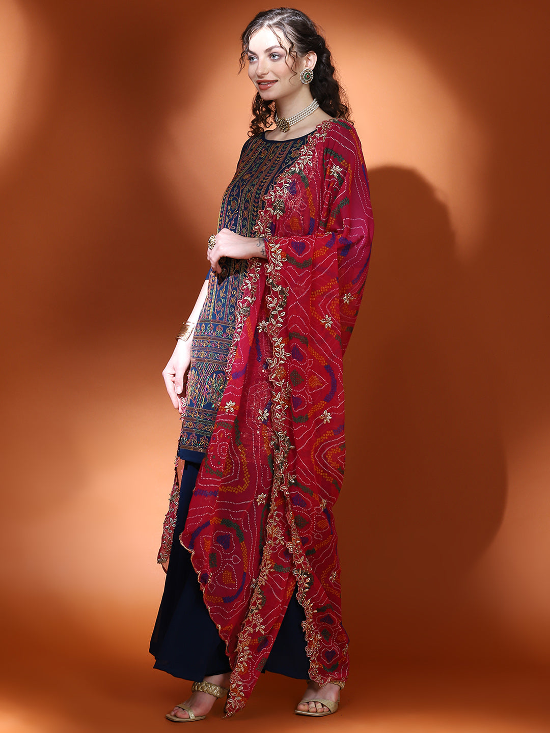 Navy Blue Embellished Straight Kurta Palazzo With Dupatta