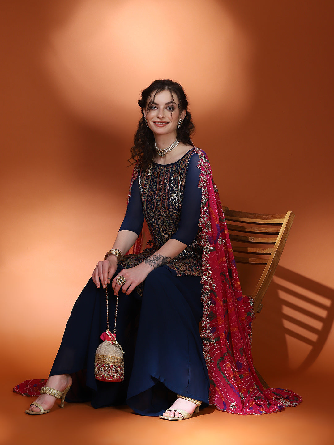 Navy Blue Embellished Straight Kurta Palazzo With Dupatta