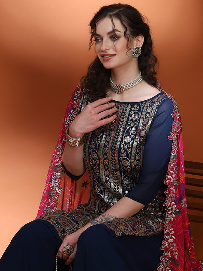 Navy Blue Embellished Straight Kurta Palazzo With Dupatta