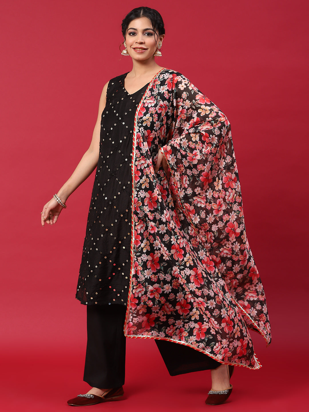 Black Embroidered Kurta Palazzo With Dupatta