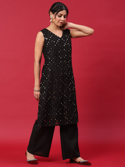 Black Embroidered Kurta Palazzo With Dupatta