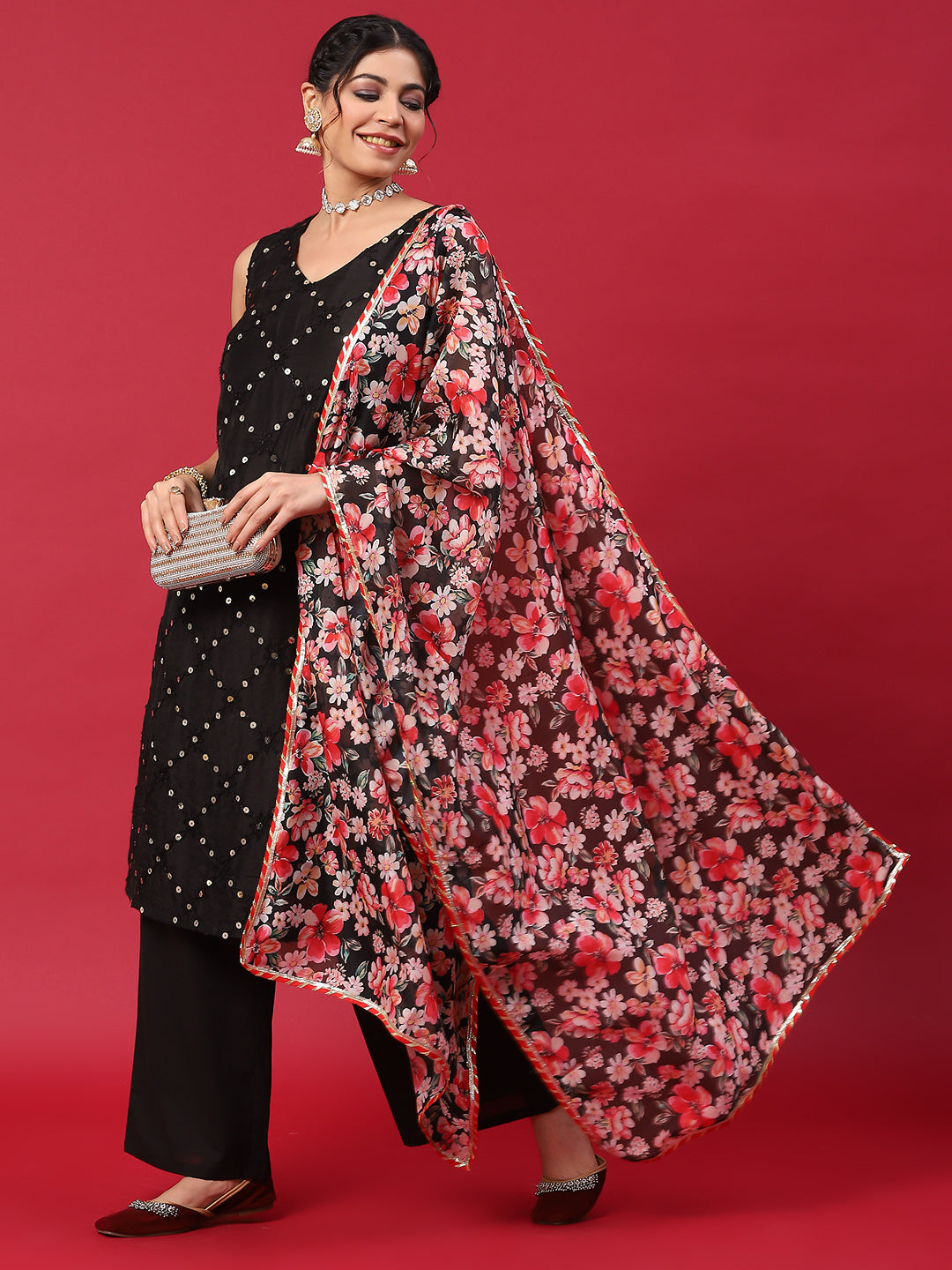 Black Embroidered Kurta Palazzo With Dupatta