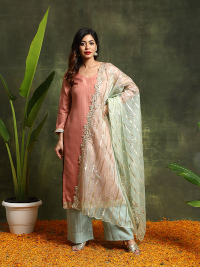 Rust & Green Lurex Designed Kurta Palazzo With Embroidered Dupatta