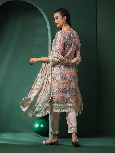 Cream Schiffli Pakistani Kurta Pant With Dupatta