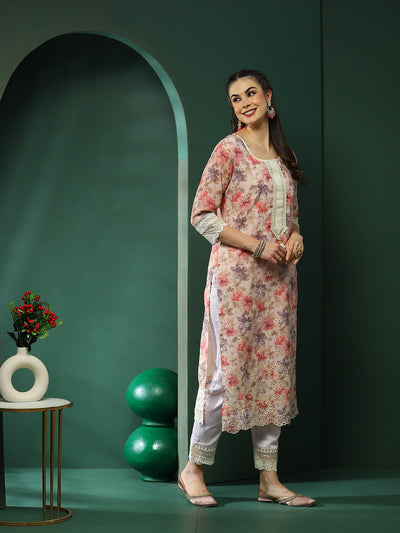 Cream & Peach Schiffli Work Pakistani Kurta Pant  With Dupatta