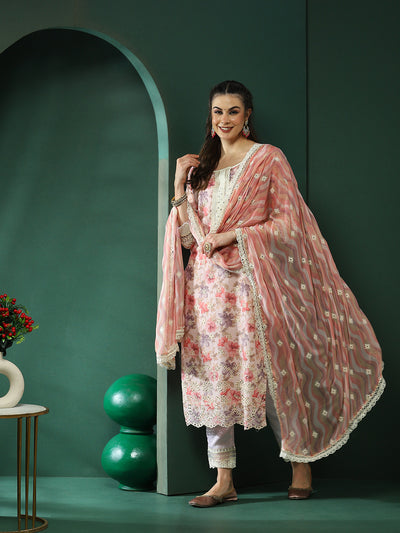 Cream & Peach Schiffli Work Pakistani Kurta Pant  With Dupatta