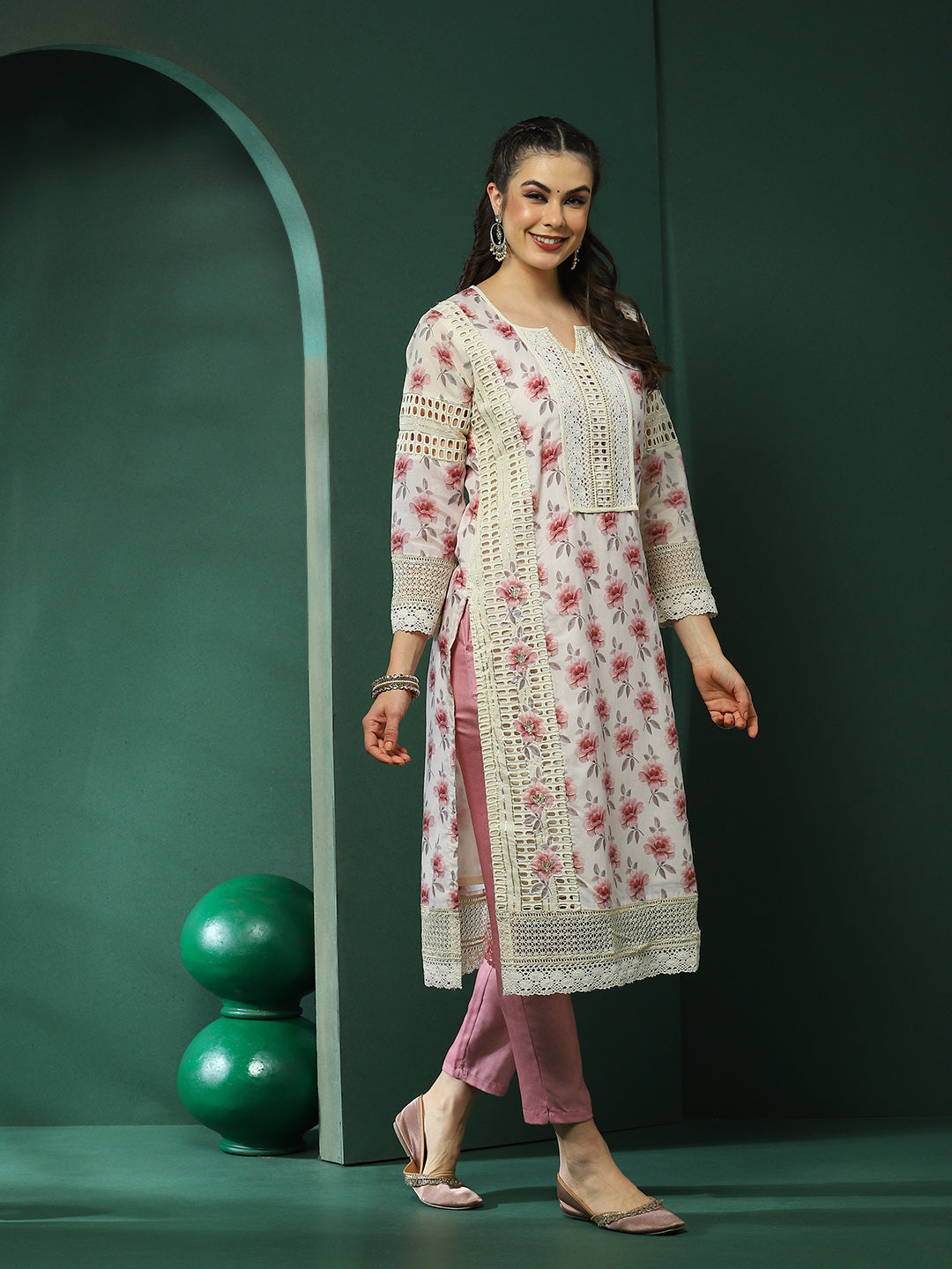 Cream & Pink Schiffli Work Pakistani Kurta Pant With Dupatta