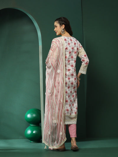Cream & Pink Schiffli Work Pakistani Kurta Pant With Dupatta