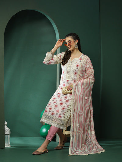 Cream & Pink Schiffli Work Pakistani Kurta Pant With Dupatta