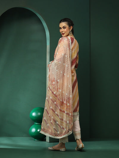 Cream Schiffli Work Pakistani Kurta Pant With Dupatta