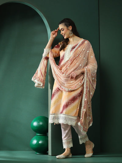 Cream Schiffli Work Pakistani Kurta Pant With Dupatta