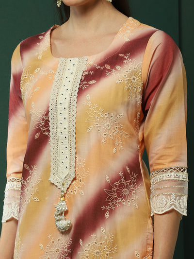 Cream Schiffli Work Pakistani Kurta Pant With Dupatta