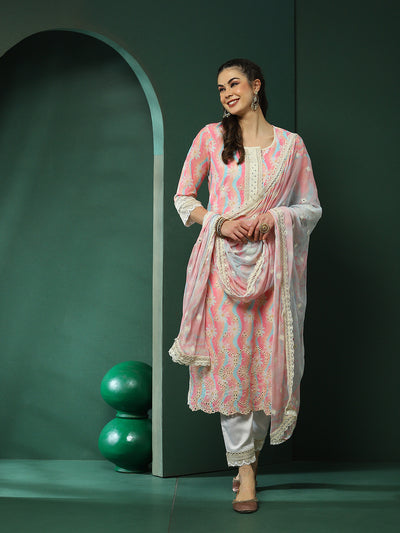 Pink & Cream Schiffli Work Pakistani Kurta Pant With Dupatta