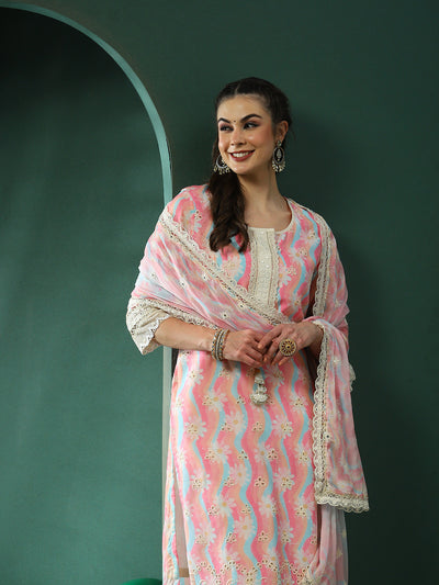 Pink & Cream Schiffli Work Pakistani Kurta Pant With Dupatta