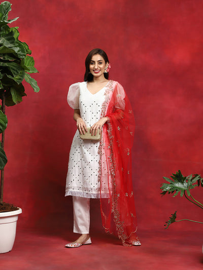 White Embroidered Kurta Pant With Zari Worked Dupatta