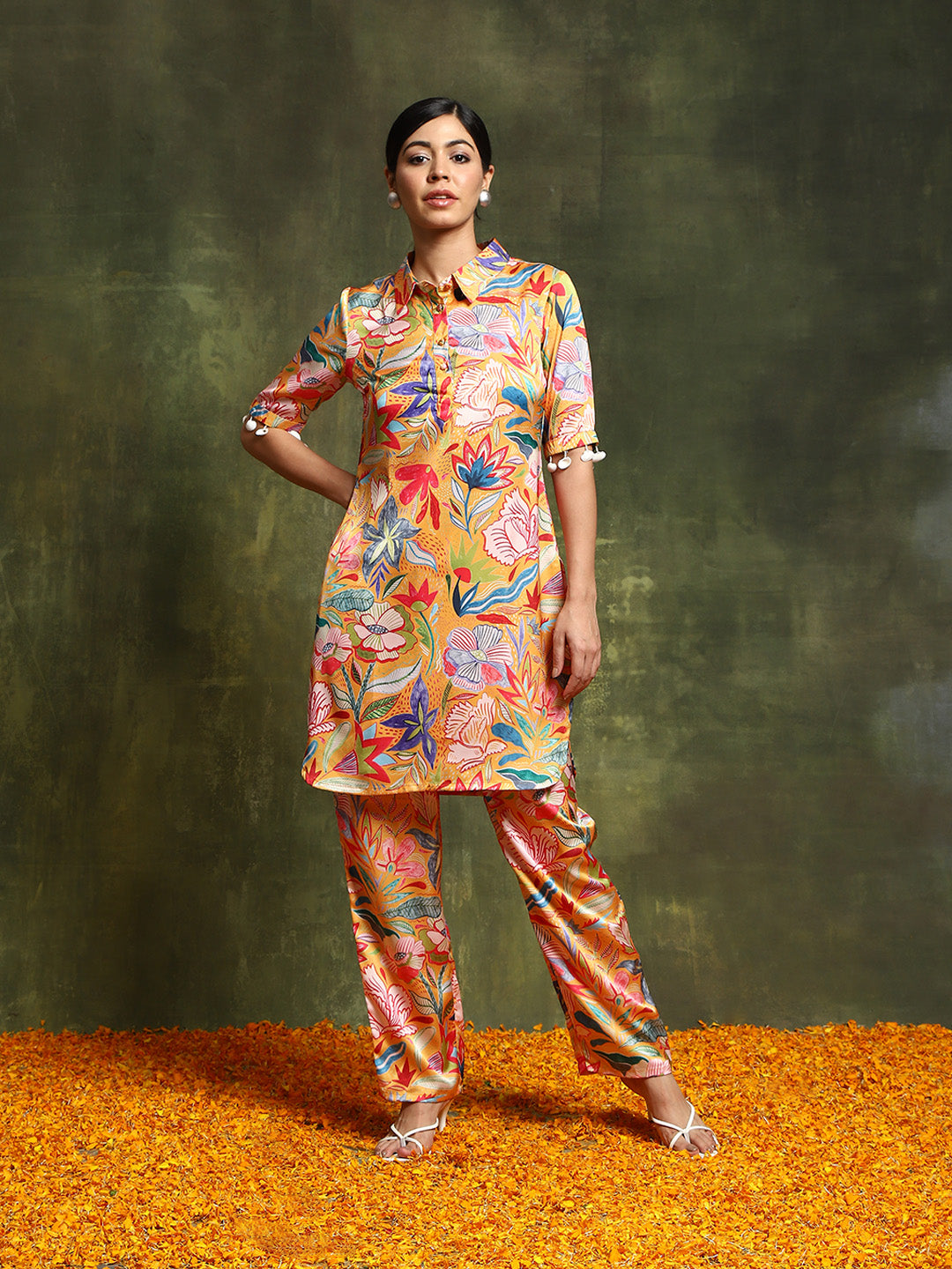 Mustard Floral Printed Kurta With Palazzo