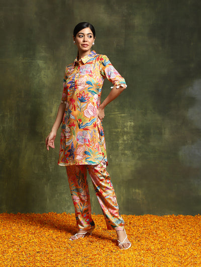 Mustard Floral Printed Kurta With Palazzo