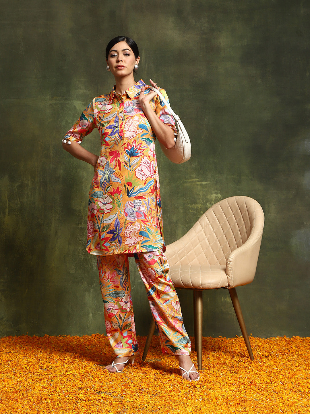 Mustard Floral Printed Kurta With Palazzo