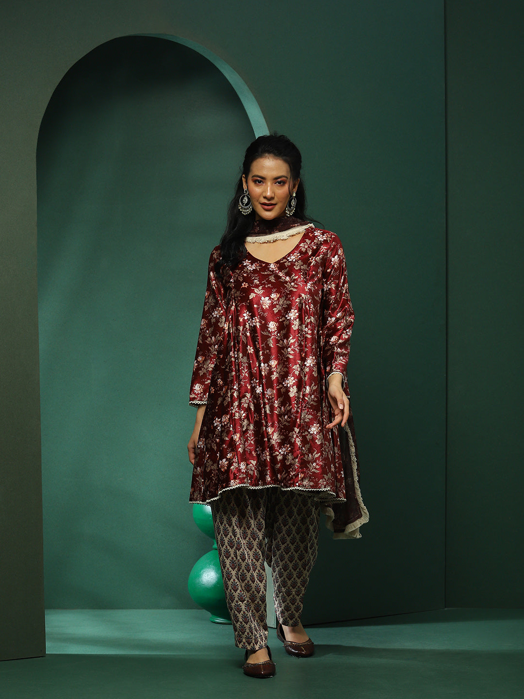 Maroon Floral Print Pakistani Kurta Salwar With Dupatta