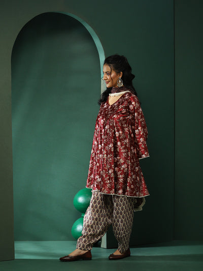 Maroon Floral Print Pakistani Kurta Salwar With Dupatta