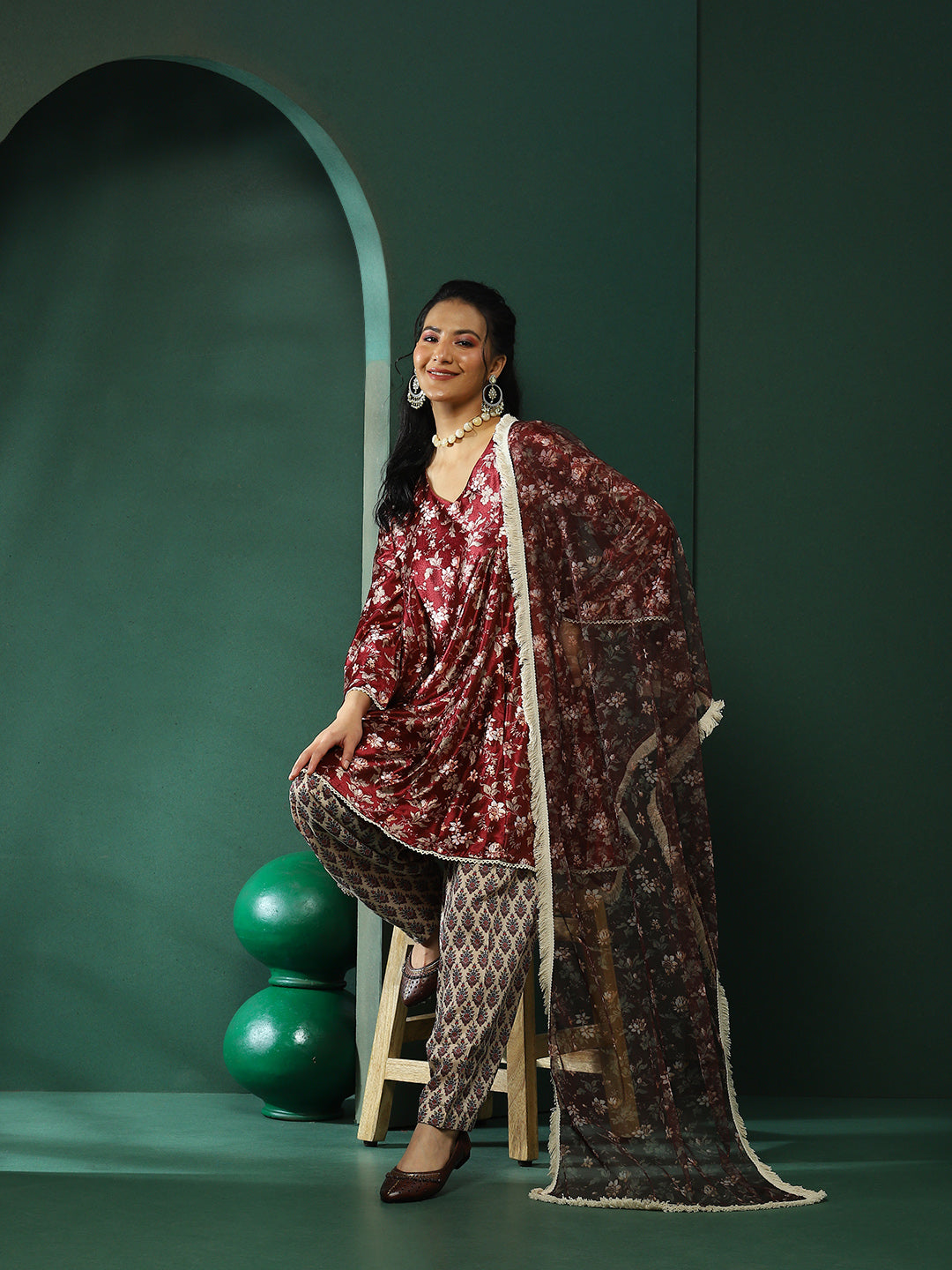 Maroon Floral Print Pakistani Kurta Salwar With Dupatta