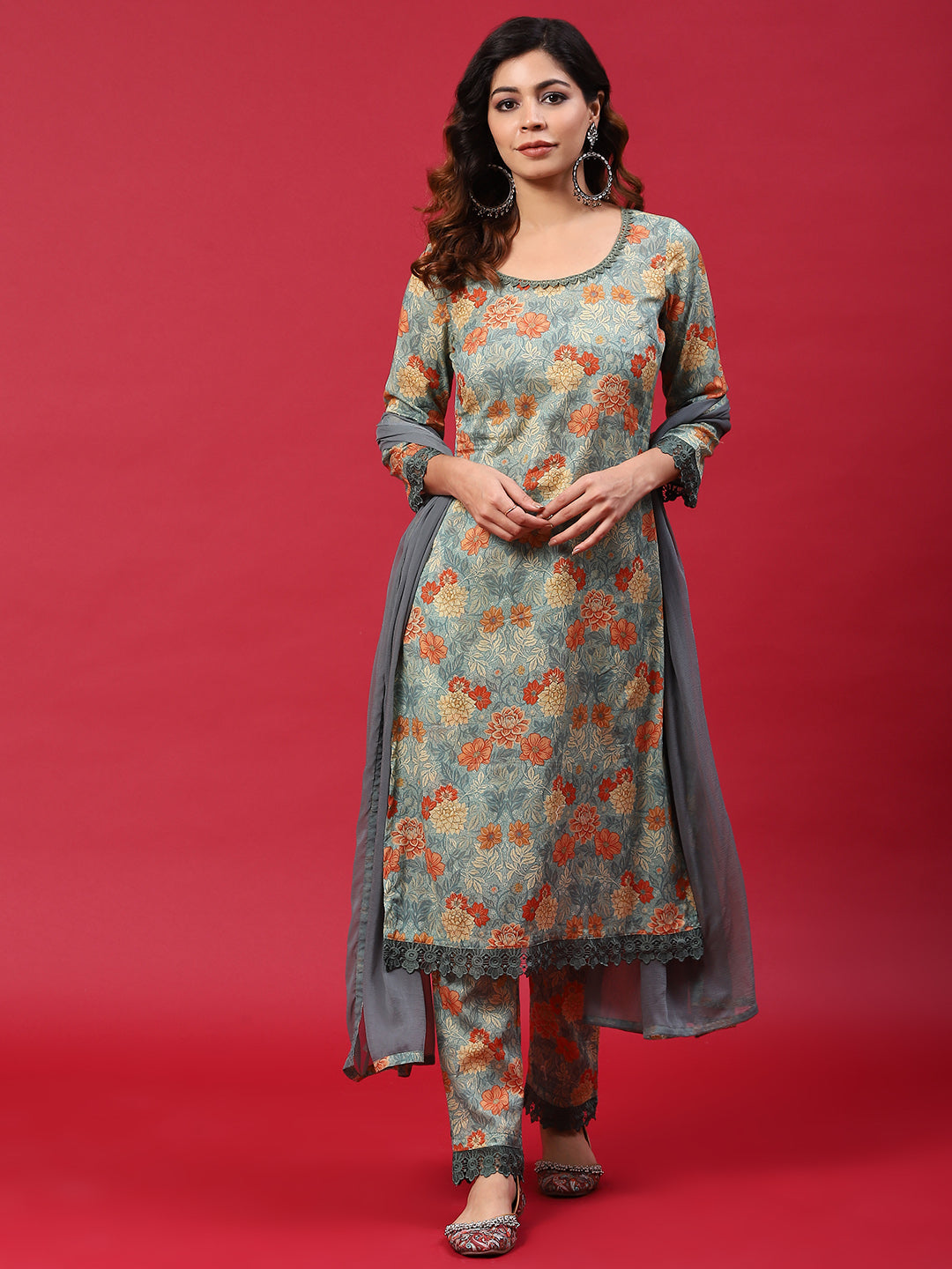 Grey Floral Print Kurta Pant With Dupatta