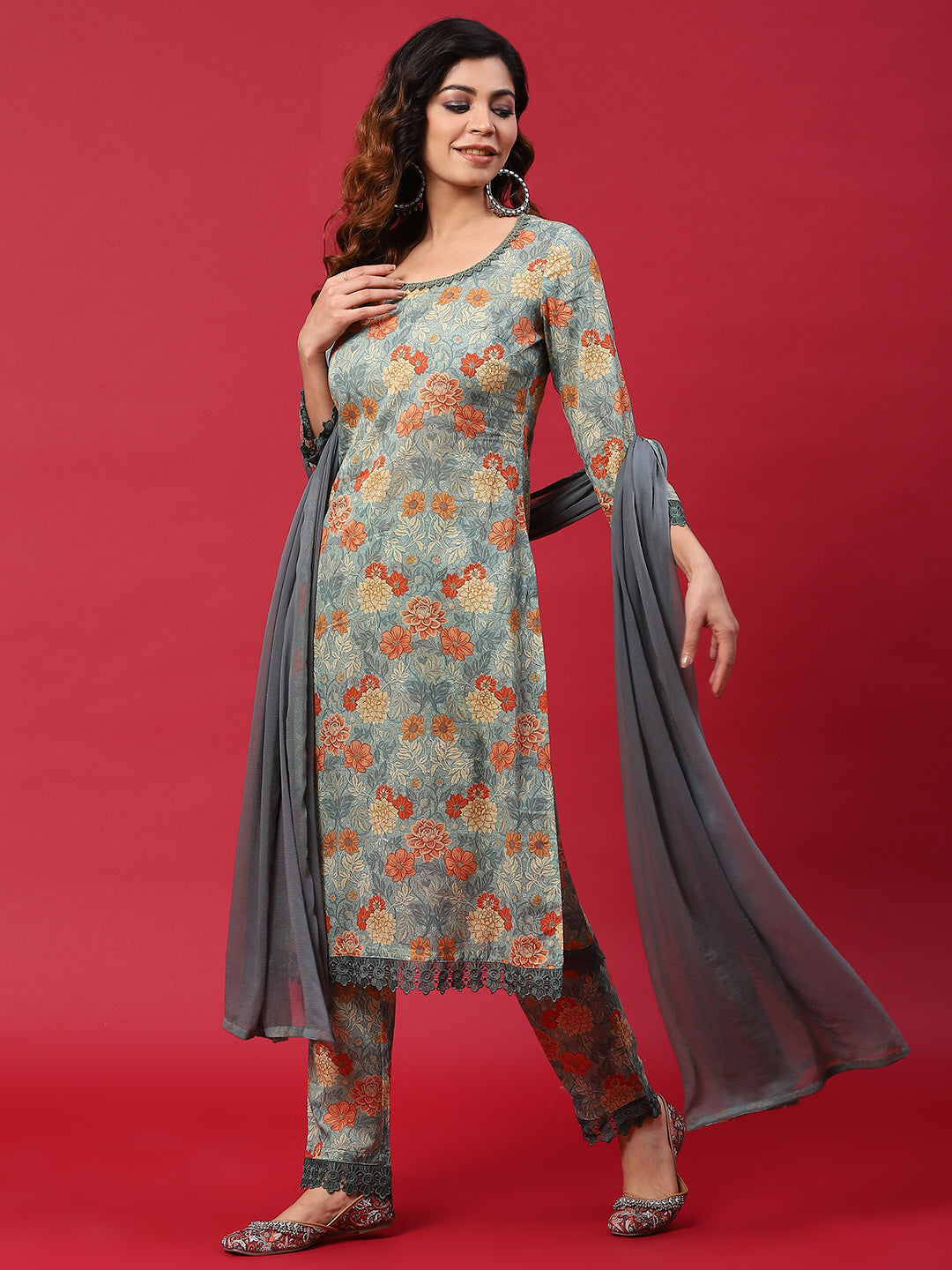 Grey Floral Print Kurta Pant With Dupatta